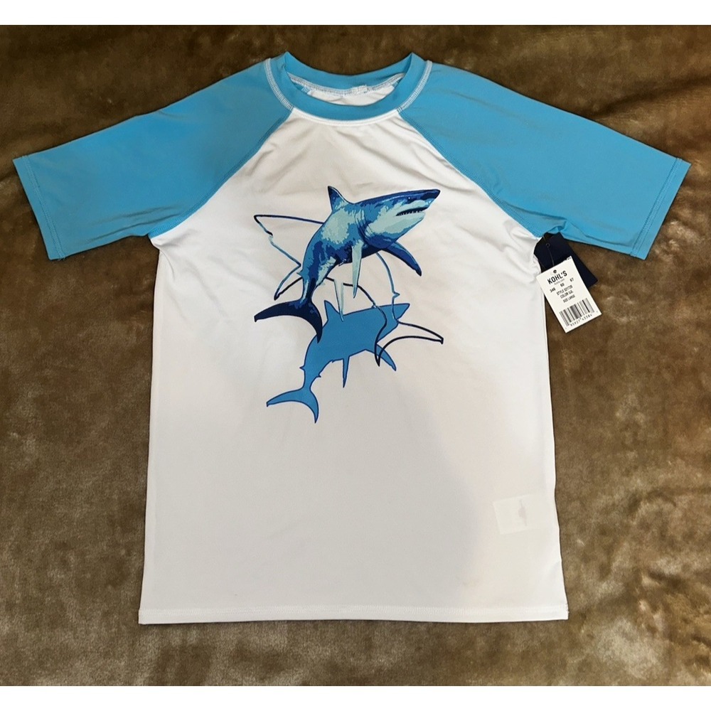 New Lands End‎ Swim Shirt Boys Size 10/12 Short Sleeve Pullover Shark Stretch